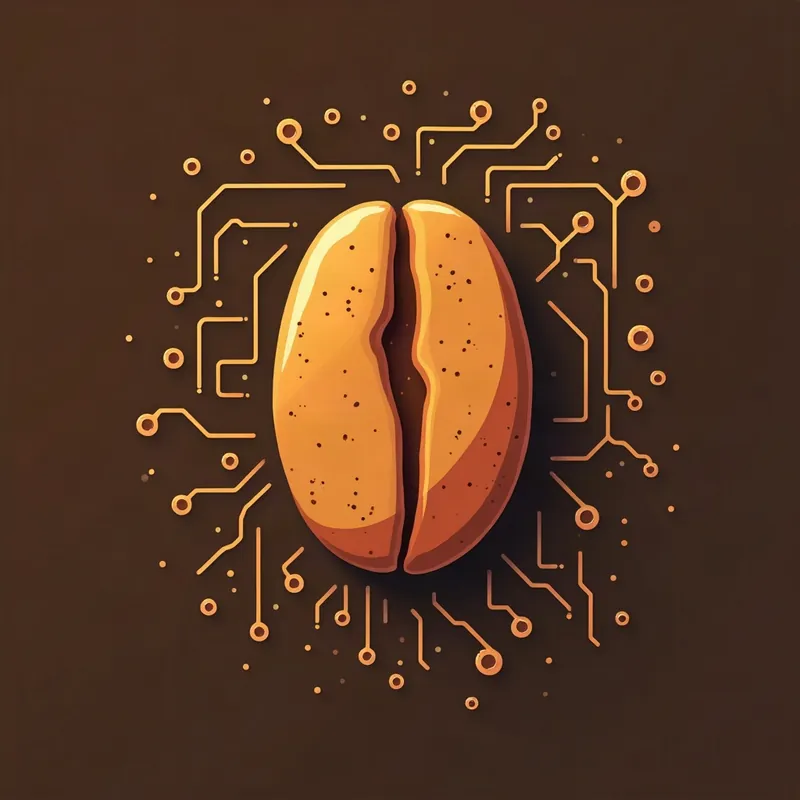 Illustration of a golden coffee bean surrounded by circuit-board traces and solder pads
