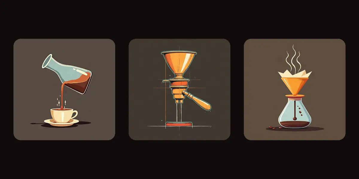 Three coffee illustrations side by side on espresso brown: a lab flask pouring into a cup, a group head drawn to spec and a pour-over cone over a flask