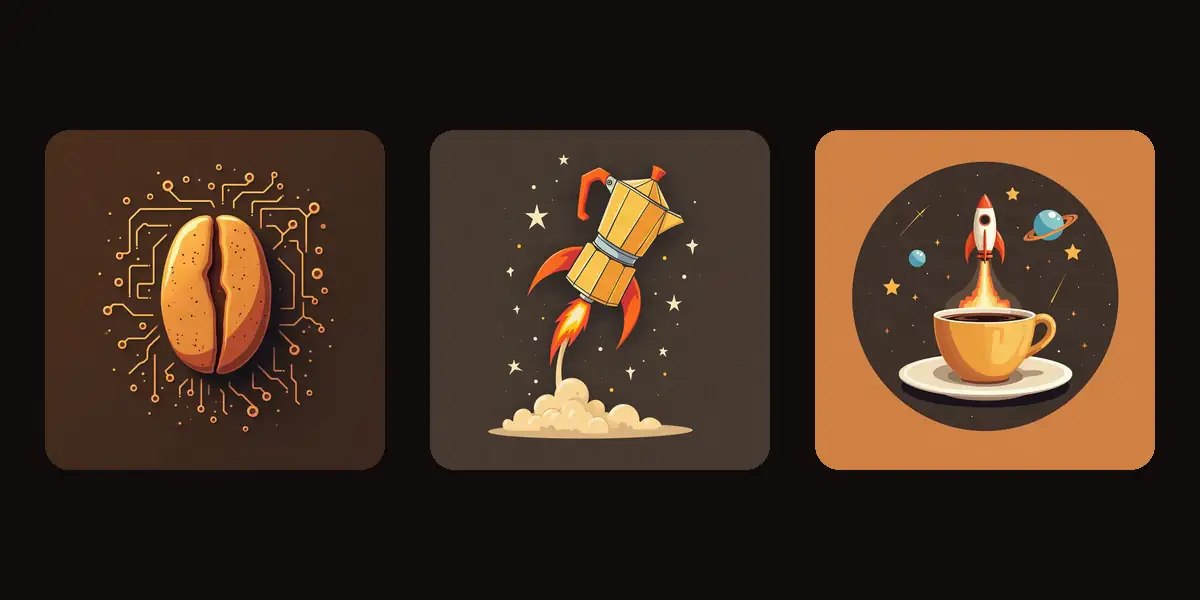 Three illustrations side by side on espresso brown: a coffee bean wired with circuit traces, a moka pot rocket and a rocket lifting off from an espresso cup