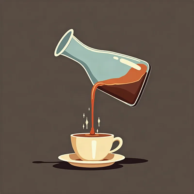 Illustration of a glass lab flask pouring espresso into a cream espresso cup on a saucer