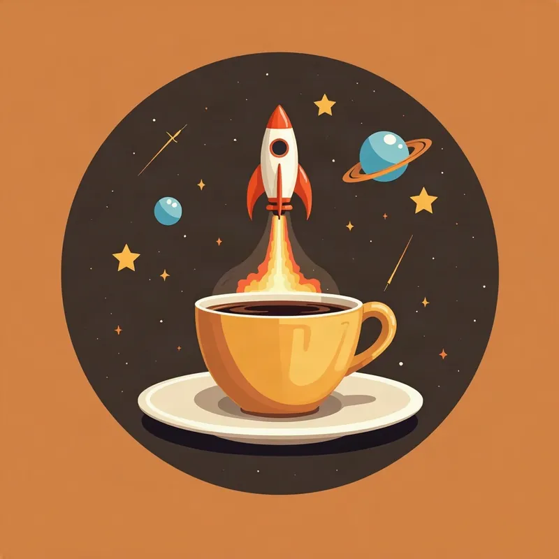 Illustration of a small rocket blasting off from a golden espresso cup on a saucer, among stars and ringed planets