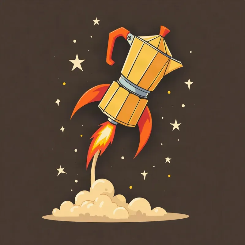 Illustration of a stovetop moka pot with rocket fins blasting off on a flame among stars