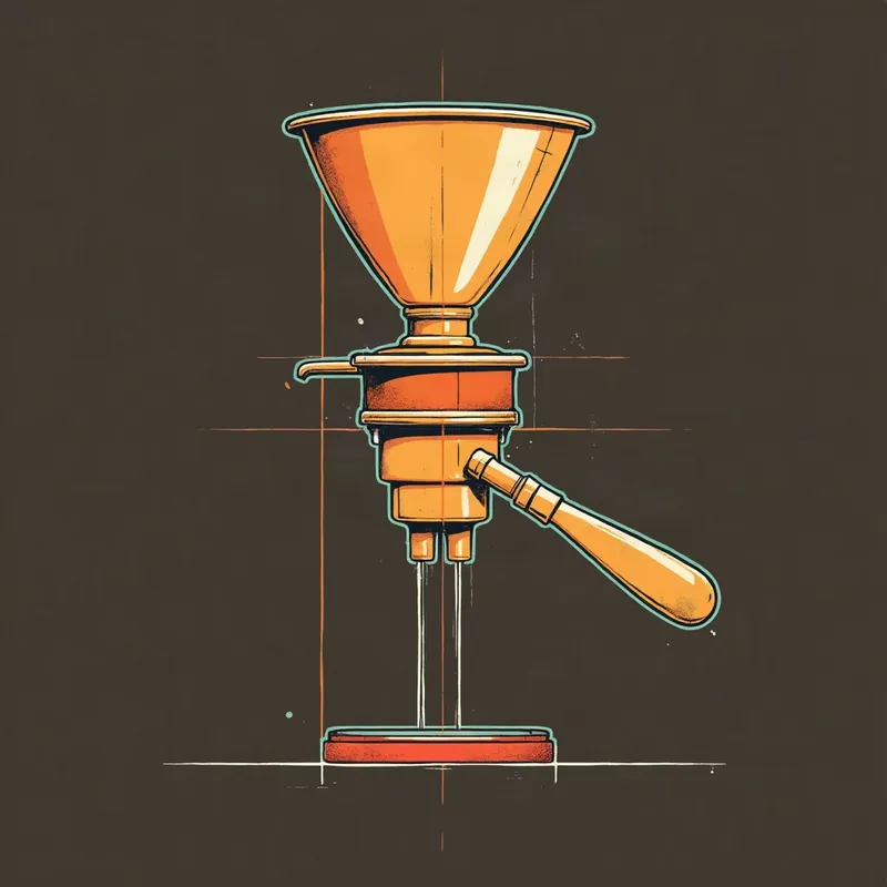 Illustration of an espresso group head and portafilter drawn over thin drafting lines, two streams falling onto a drip tray