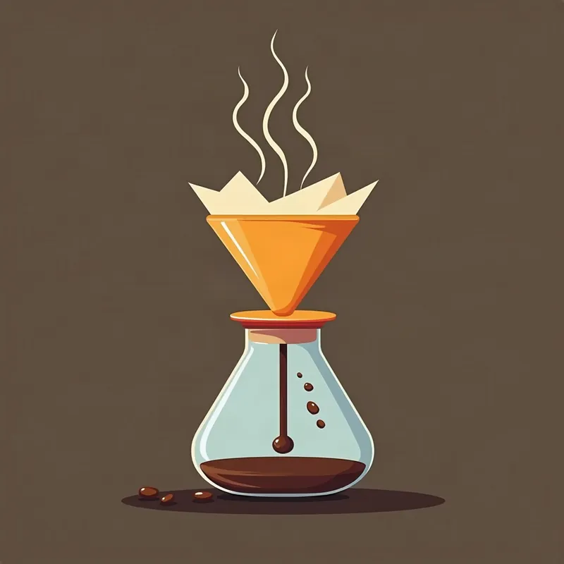 Illustration of an orange pour-over cone with a paper filter steaming over a glass lab flask filling with coffee