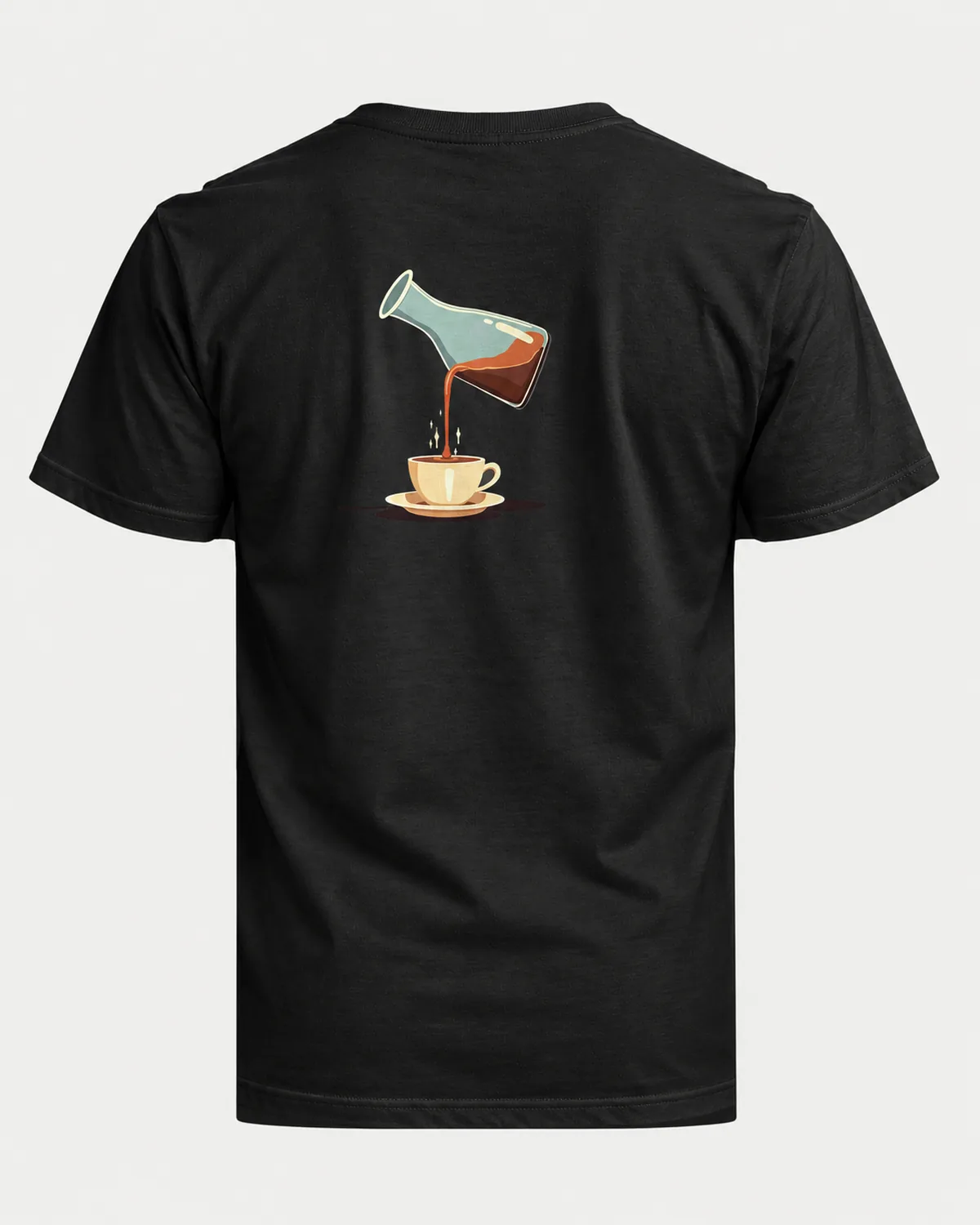 Flask Pour tee on a black tee, back view