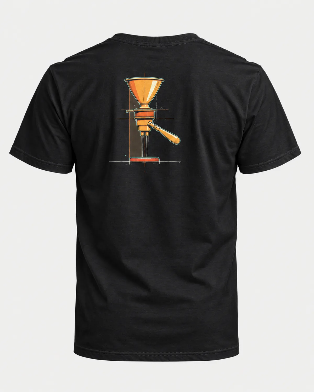 Group Head Schematic tee on a black tee, back view