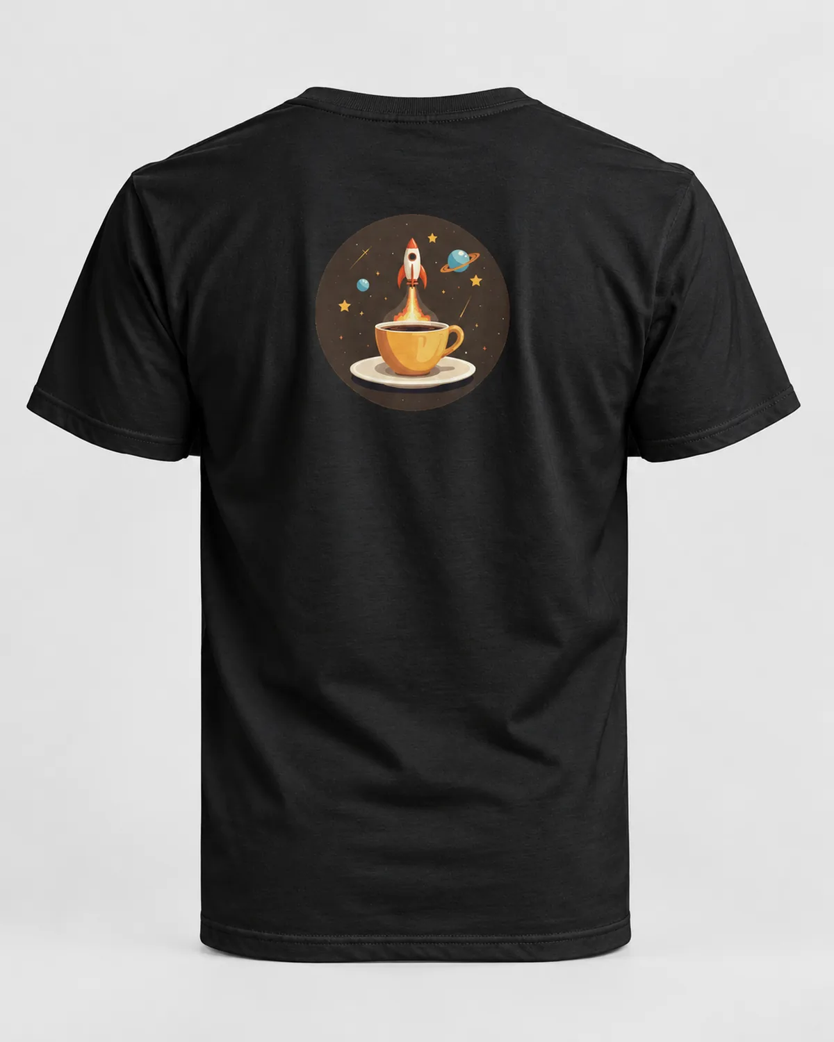 Launch Cup tee on a black tee, back view