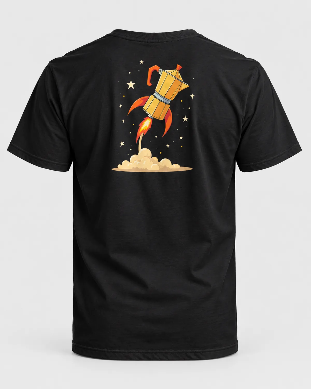 Moka Rocket tee on a black tee, back view