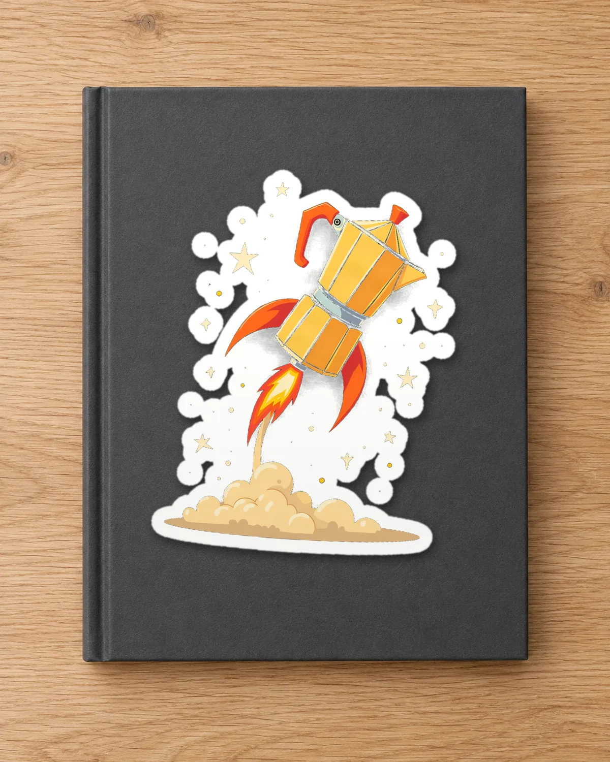 Moka Rocket tee on a die-cut sticker