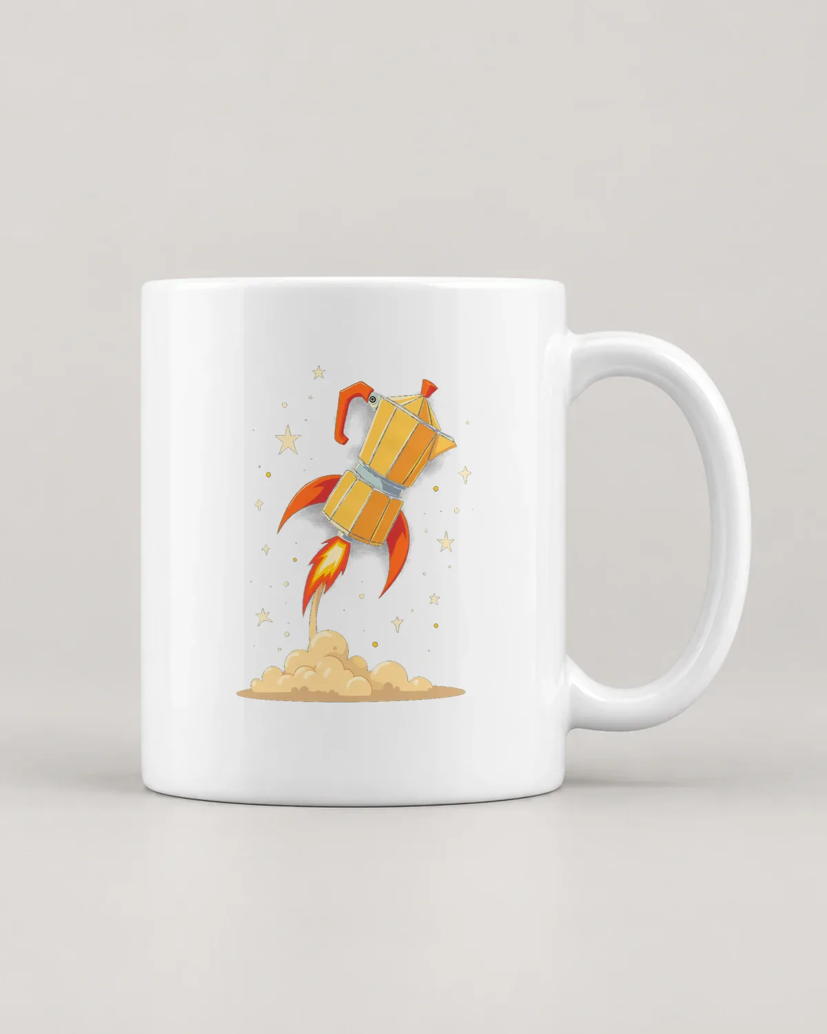 Moka Rocket tee on a ceramic mug