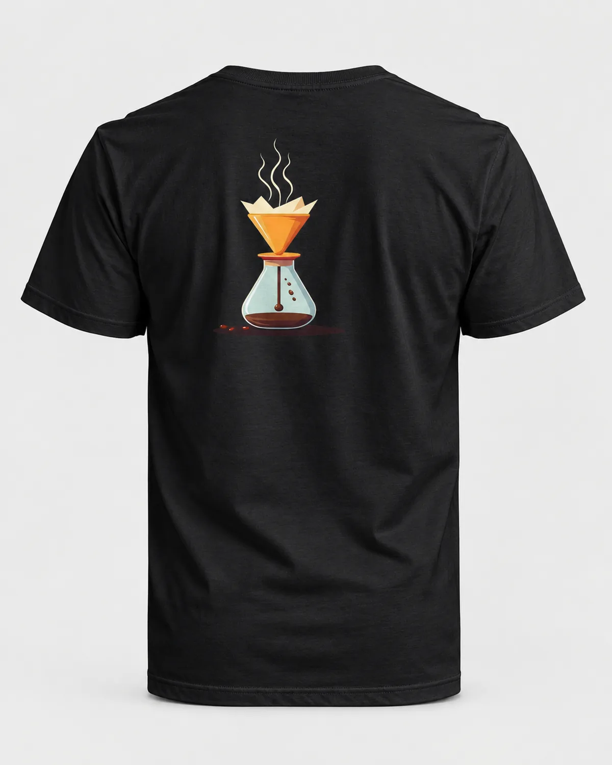 Pour-Over Flask tee on a black tee, back view